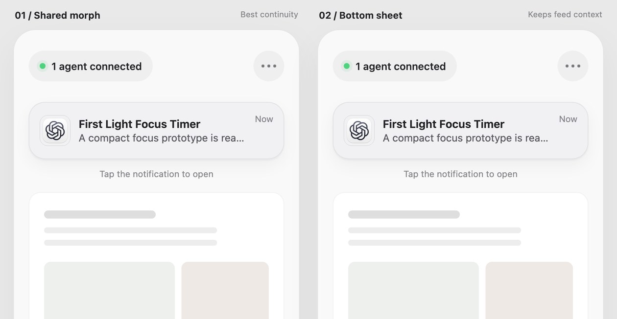 Notification expansion study in HTML: Shared morph and Bottom sheet variations side by side